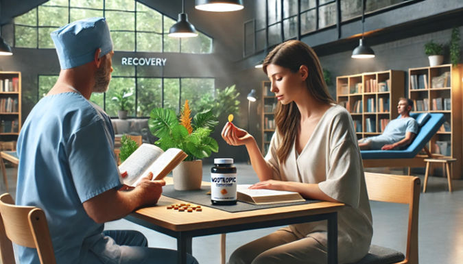 A person in a rehab facility takes a nootropic supplement while reading, with a supportive professional nearby.
