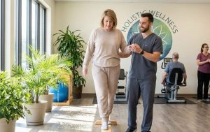 A bright, welcoming rehabilitation center scene showing a patient receiving guidance from a healthcare professional, with a focus on holistic care and overall wellness.