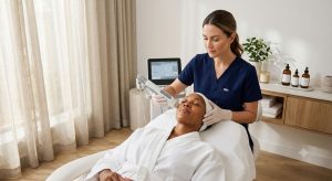 A calm and modern wellness clinic interior featuring a professional aesthetic treatment session