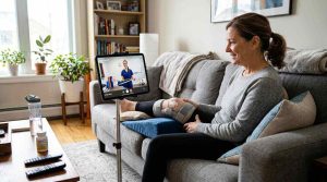 A patient recovering from surgery using a tablet for virtual physical therapy at home, physical therapist visible on screen demonstrating exercises