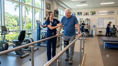 A compassionate stroke rehabilitation session inside a modern Florida rehab clinic, featuring a physical therapist assisting an older adult with walking exercises using parallel bars