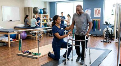 Professional rehabilitation clinic showing a physical therapist guiding a patient through a safe mobility exercise